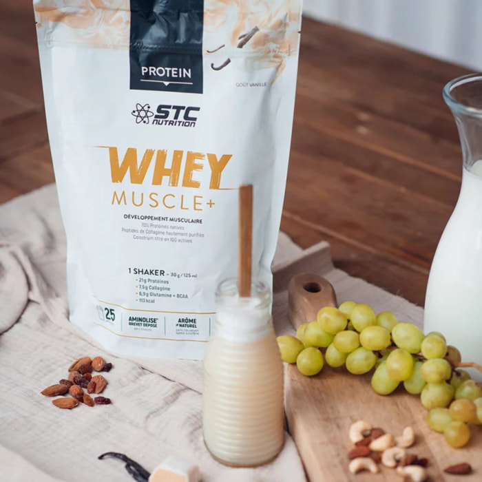 STC NUTRITION - Whey Muscle+ - Protéines Natives - Développement Muscle Sec - Innovation Brevetée Aminolise 100% Digeste - Sans Colorants, Sans Gluten - Goût Chocolat - 25 Shakers - Doypack 750g - Vanille