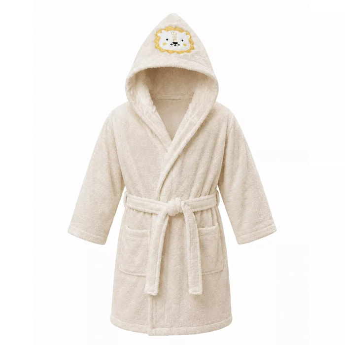 Peignoir enfant enfant pur coton 420 g/m² brodé jaune beige Petit lion angora