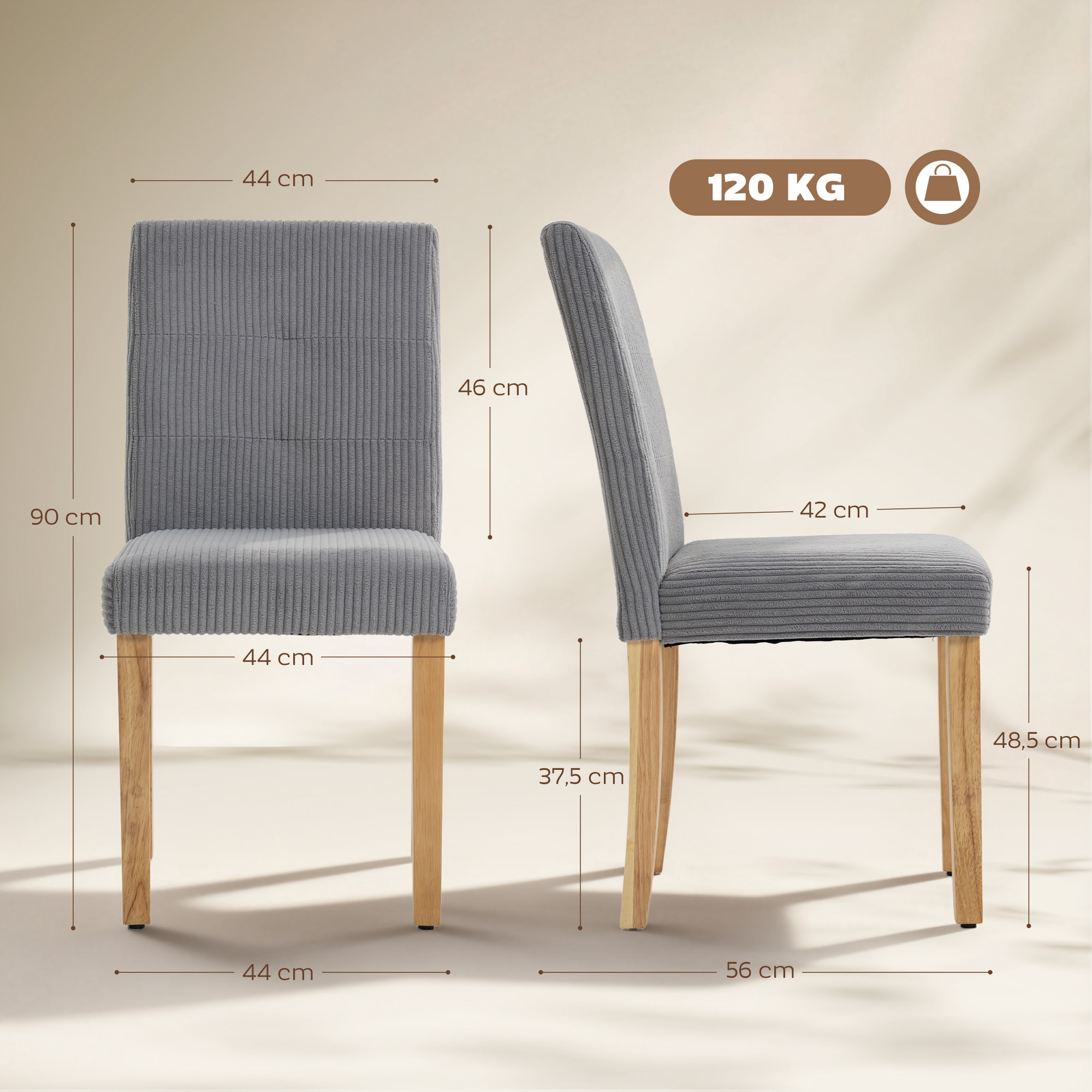 Pack de 4 Sillas de Comedor, Sillas de Cocinas Modernas, Respaldo Alto, Tapizadas en Pana, Asiento Acolchado, Patas de Madera, para Salón, Gris