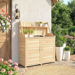 Armoire de jardin table de rempotage 2 en 1 - 2 portes, étagères, plateau acier