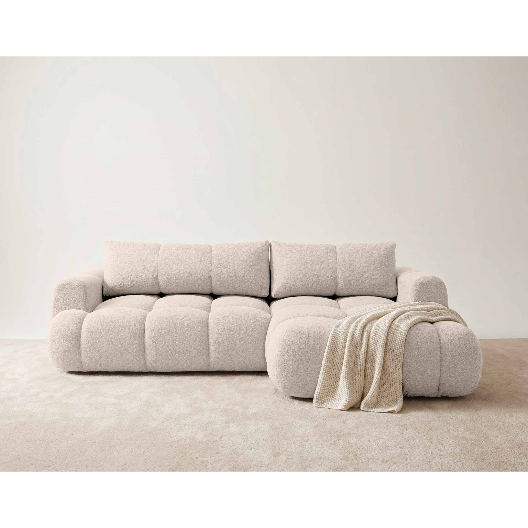 Yulin - Canapé d'angle droit 4 places convertible avec coffre en tissu bouclette - Beige