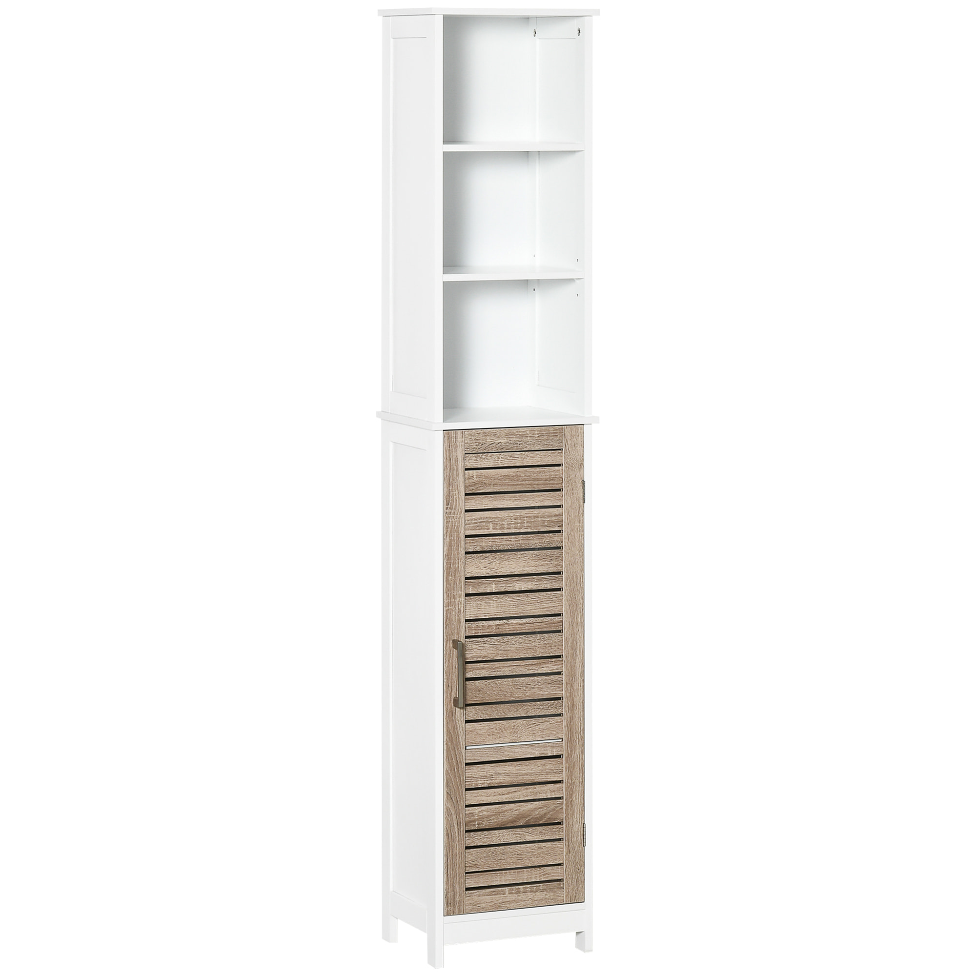 Meuble colonne rangement salle de bain style cosy dim. 34L x 26l x 172H cm 3 niches porte aspect bois lattes 3 étagères