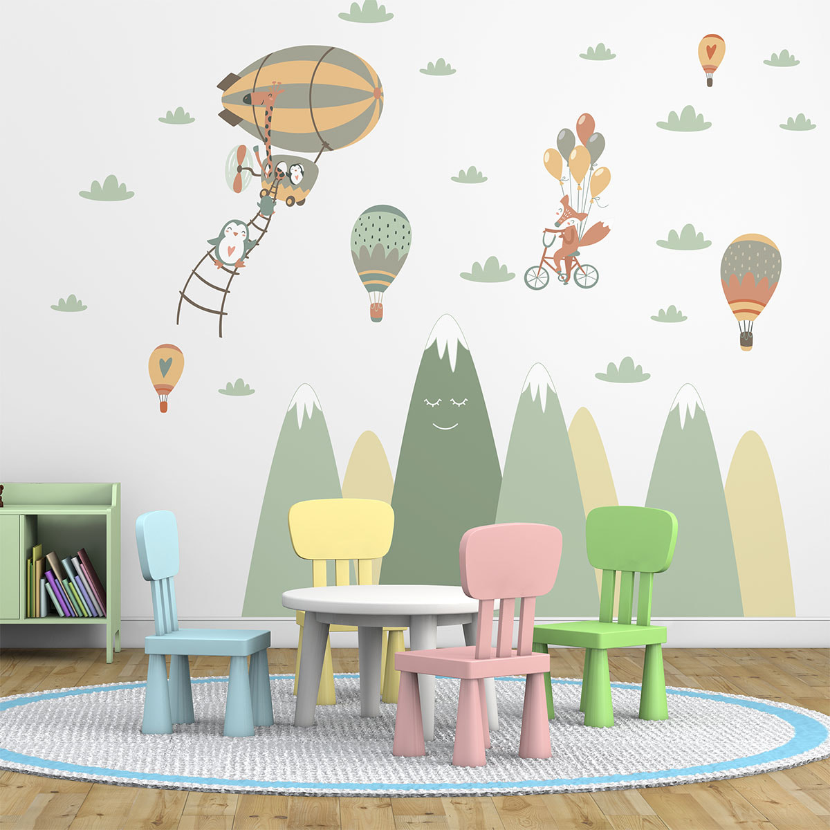 Stickers muraux enfants - Décoration chambre bébé - Autocollant Sticker mural géant enfant montagnes scandinaves ANIMAUX DANS LE CIEL