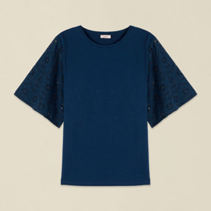 Oltre - T-shirt con maniche in sangallo - Blu