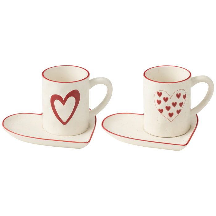 J-Line tasse + sous-tasse Cœurs - porcelaine - blanc/rouge - 2 pcs