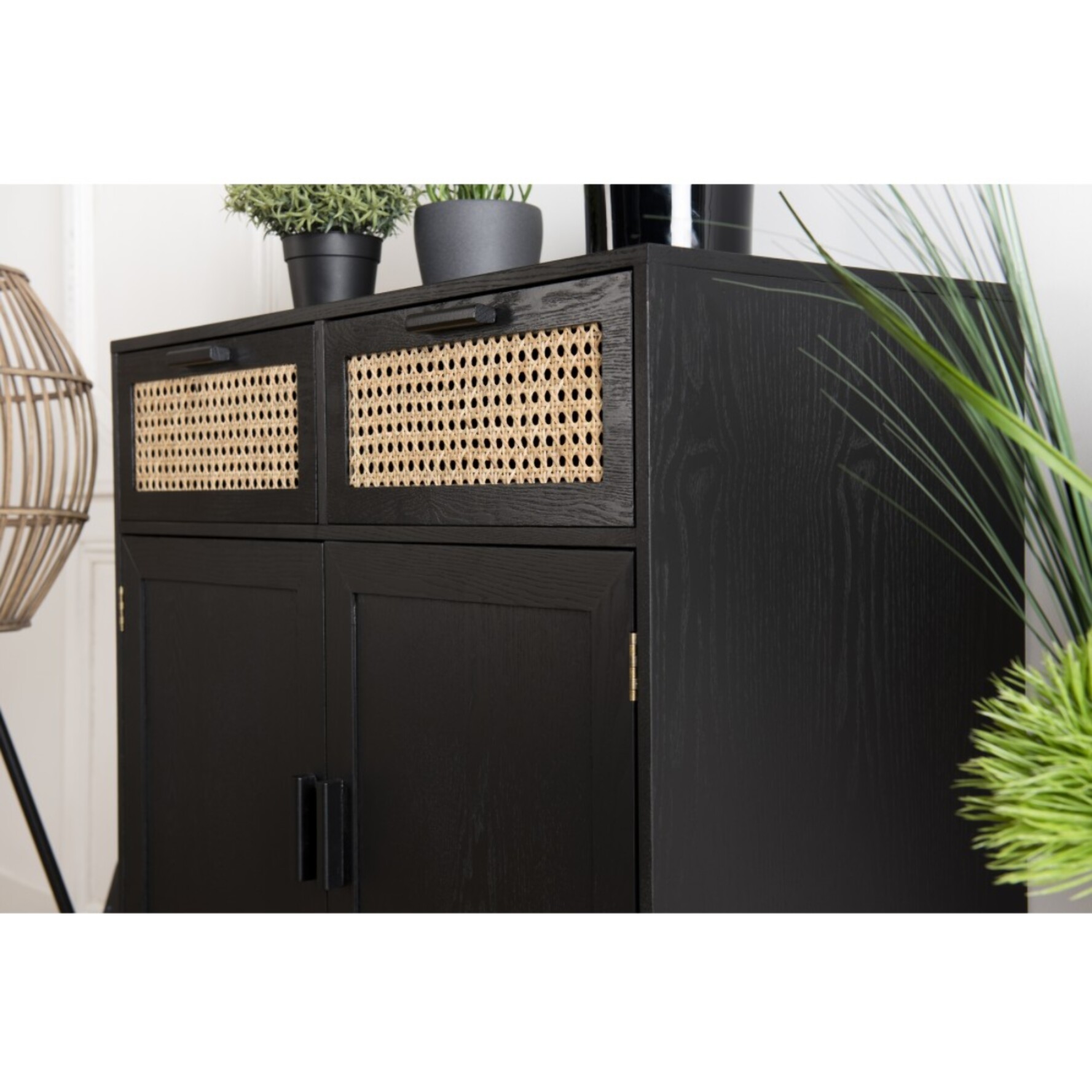 ANGELO - Buffet bois noir 2 tiroirs cannage 2 portes