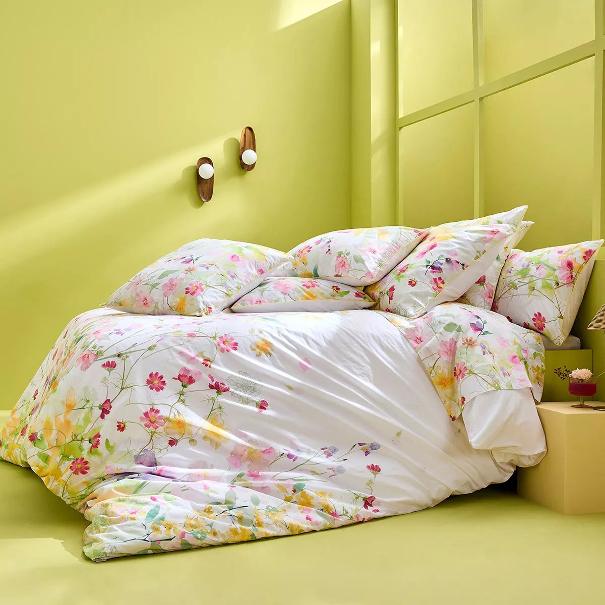 Drap plat percale de coton lavé 115 g/m² imprimé rose vert Souffle fleuri printemps