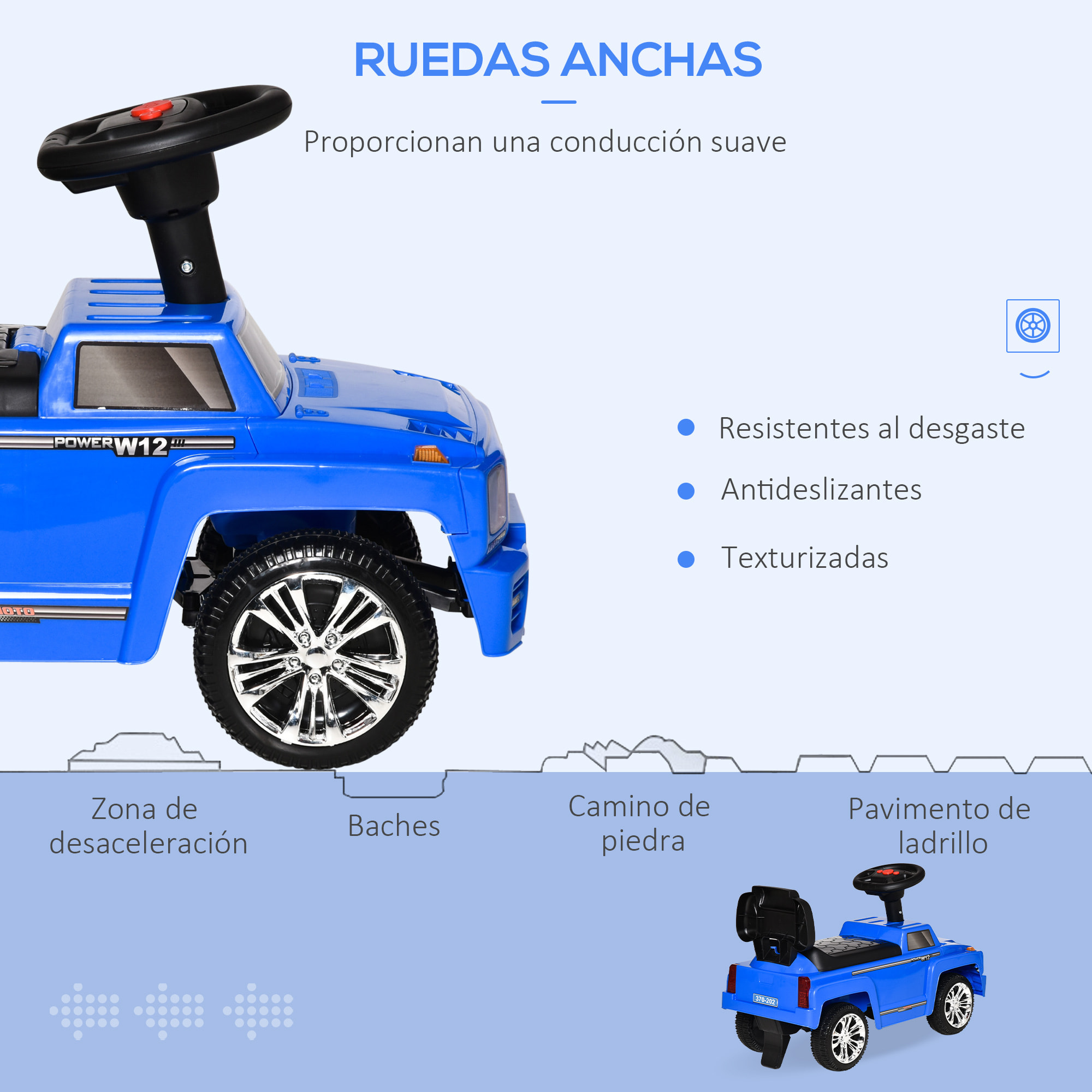 Coche Correpasillos para Bebé de 18-36 Meses Coche sin Pedales con Faros Música Bocina Compartimento de Almacenaje y Respaldo Alto 68x30,5x41,5 cm Azul