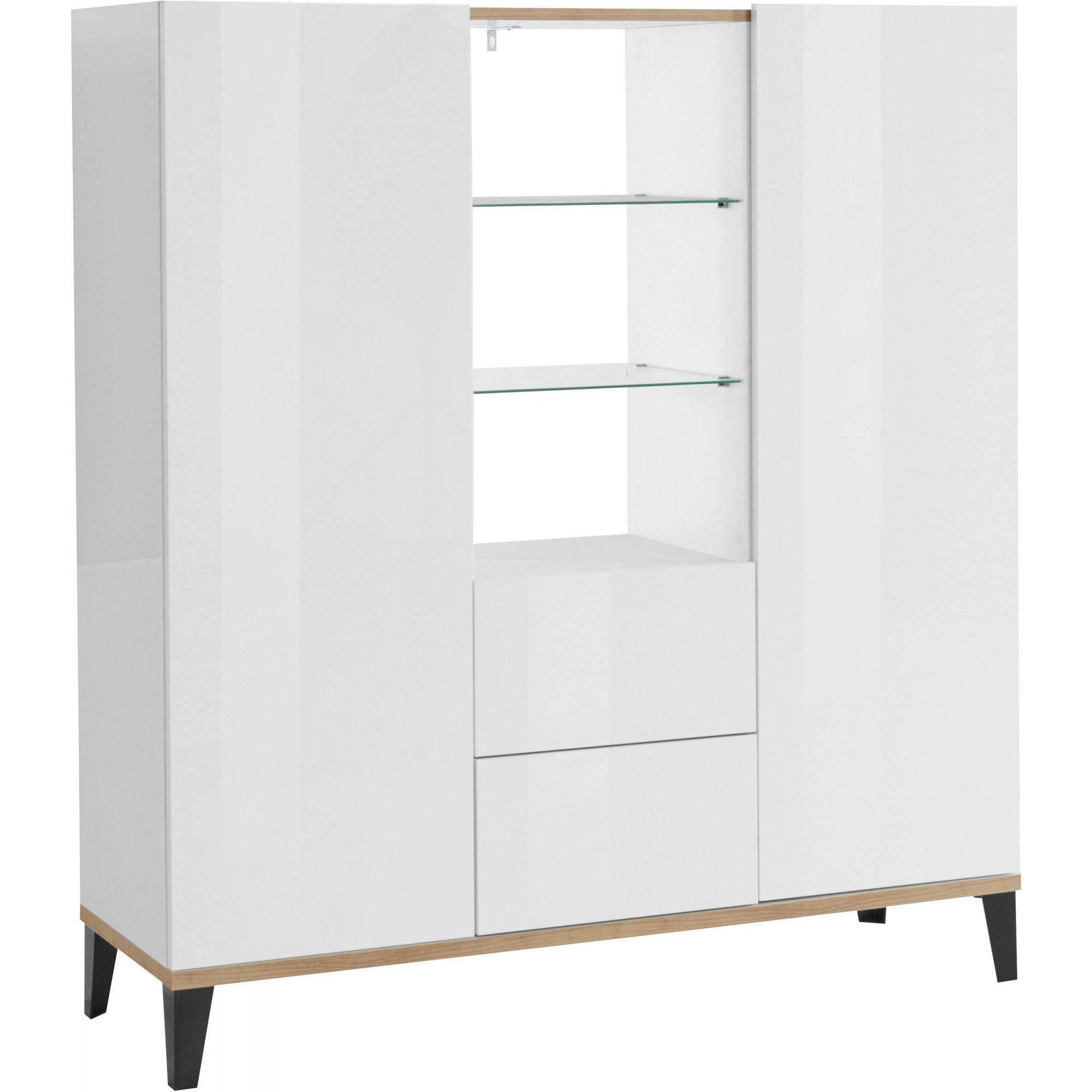 Credenza moderna a 2 ante e 2 cassetti, Made in Italy, Madia con ripiani, Buffet di design da ingresso, Cm 120x40h133, Bianco lucido e Acero