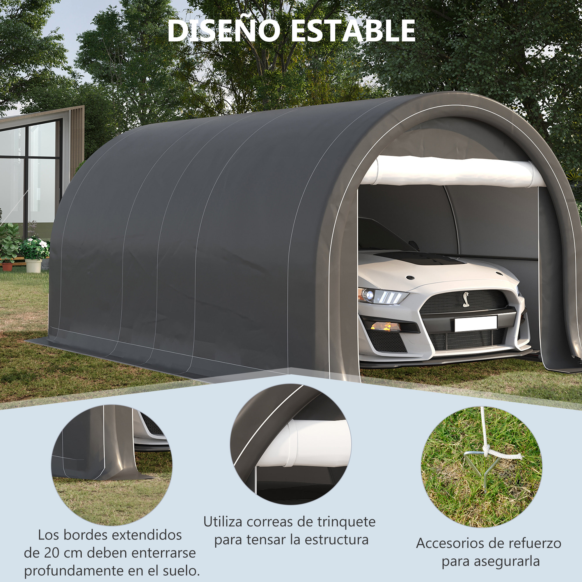 Garaje Exterior para Coche 5x3 m Carpa Garaje para Coche Anti-UV con Toldo de Tela PE Desmontable y Marco de Acero Galvanizado Gris