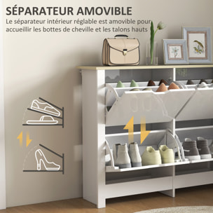 Armoire à chaussures 4 portes abattantes 2 compartiments panneaux particules blanc chêne