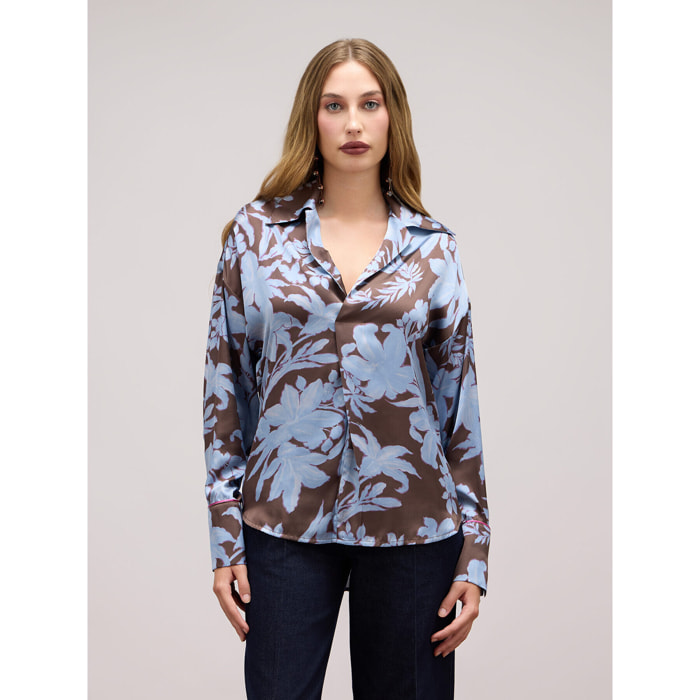 Oltre - Floral satin blouse - Light - blue