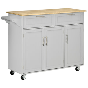 Isla de Cocina Carro de Cocina con Ruedas Carrito de Servicio Multiusos con 2 Cajones 3 Puertas Estantes Ajustables y Barra Colgante para Comedor 121x46x91 cm Gris