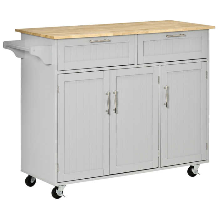 Isla de Cocina Carro de Cocina con Ruedas Carrito de Servicio Multiusos con 2 Cajones 3 Puertas Estantes Ajustables y Barra Colgante para Comedor 121x46x91 cm Gris