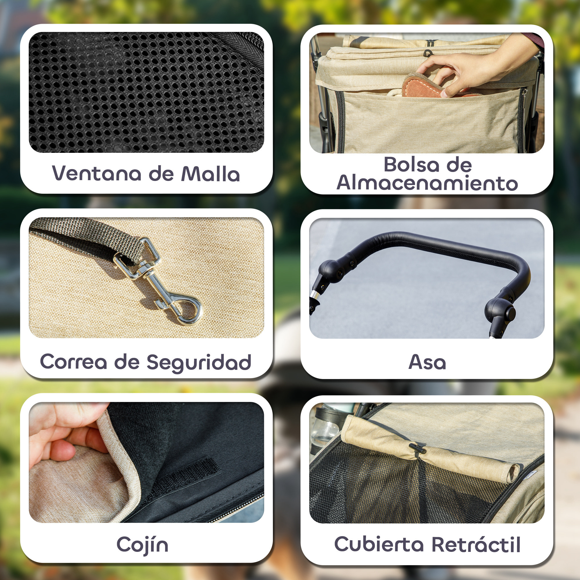 para Perros Plegable Cochecito para Perros Pequeños hasta 10 kg con Ruedas Universales Marco de Aluminio Correa de Seguridad Cojín Lavable y Ventanas 80x48,5x106 cm Caqui