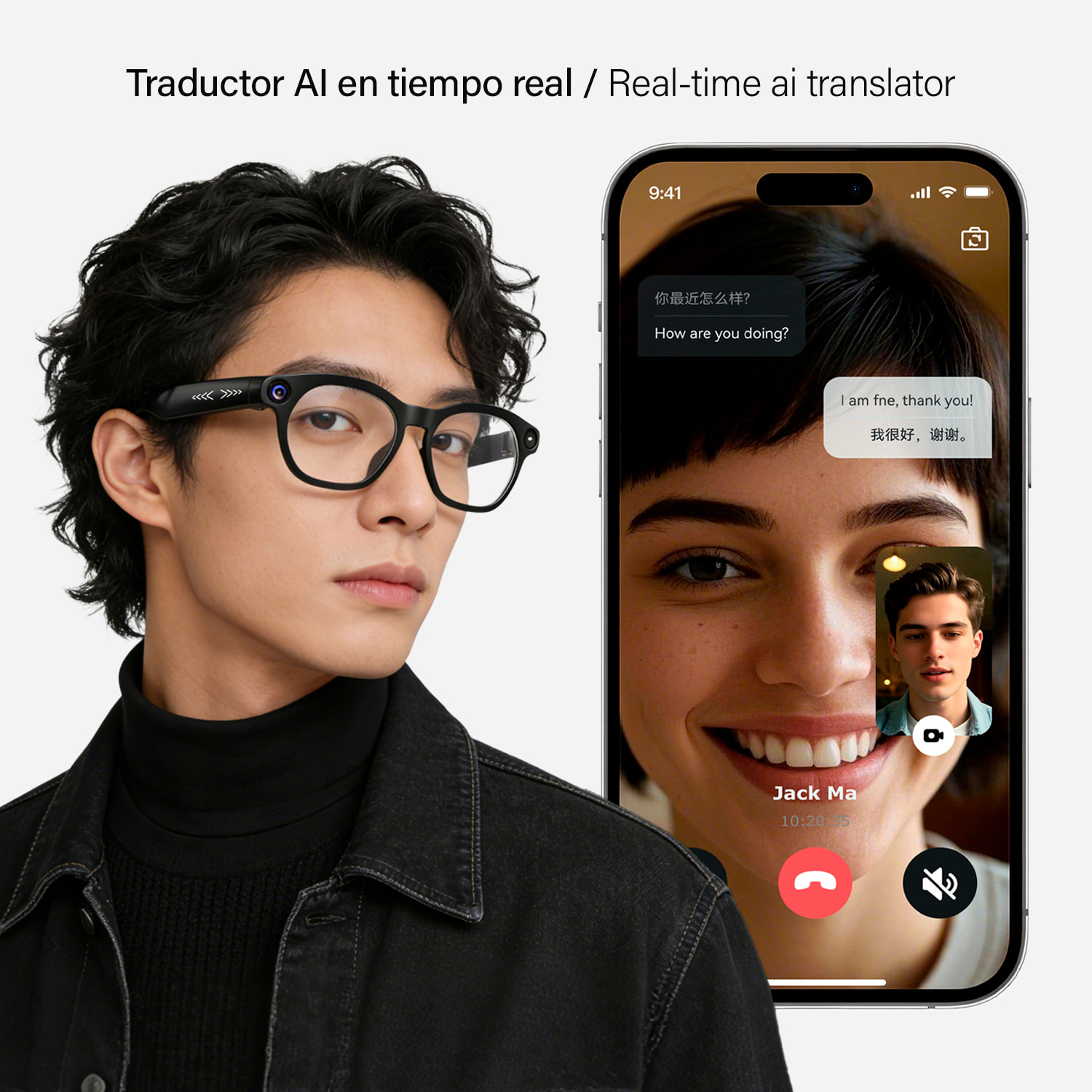 Gafas inteligentes CY03. Con cámara para fotos y videos de 8 MPX, traductor AI en tiempo real y transmisión de video en vivo. Lentes oscuras y transparentes.