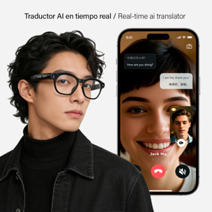 Gafas inteligentes CY03. Con cámara para fotos y videos de 8 MPX, traductor AI en tiempo real y transmisión de video en vivo. Lentes oscuras y transparentes.