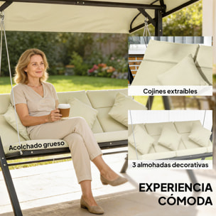 Columpio de Jardín Exterior de 3 Plazas, Balancín de Jardín Exterior con Techo Ajustable Cojines, Almohadas y Estructura de Acero, para Terraza, Patio, Carga 320 kg, 202x115x168 cm, Beige