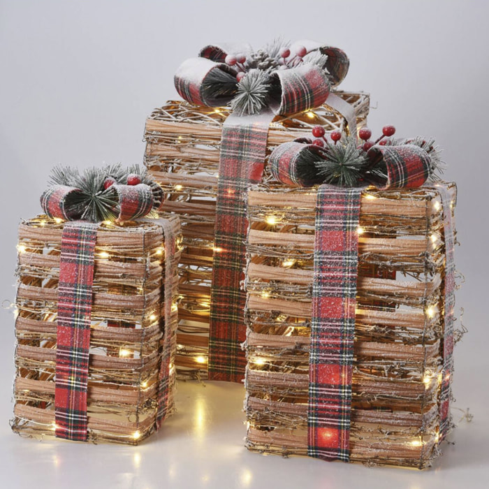 Decoración navideña - juego de 3 cajas de regalos con luces led de distintos tamaños