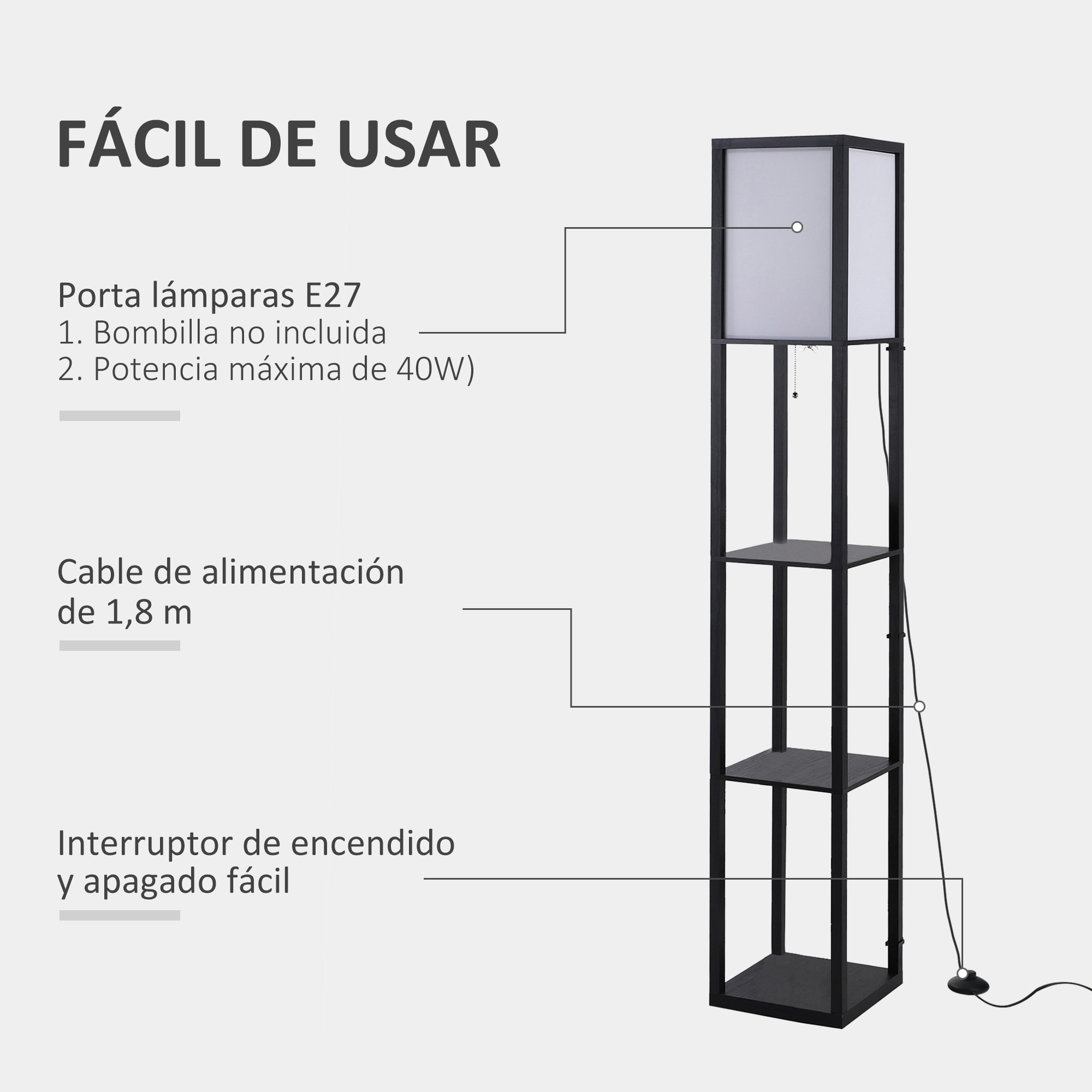 Lámpara de Pie de Madera con 3 estantes de Madera