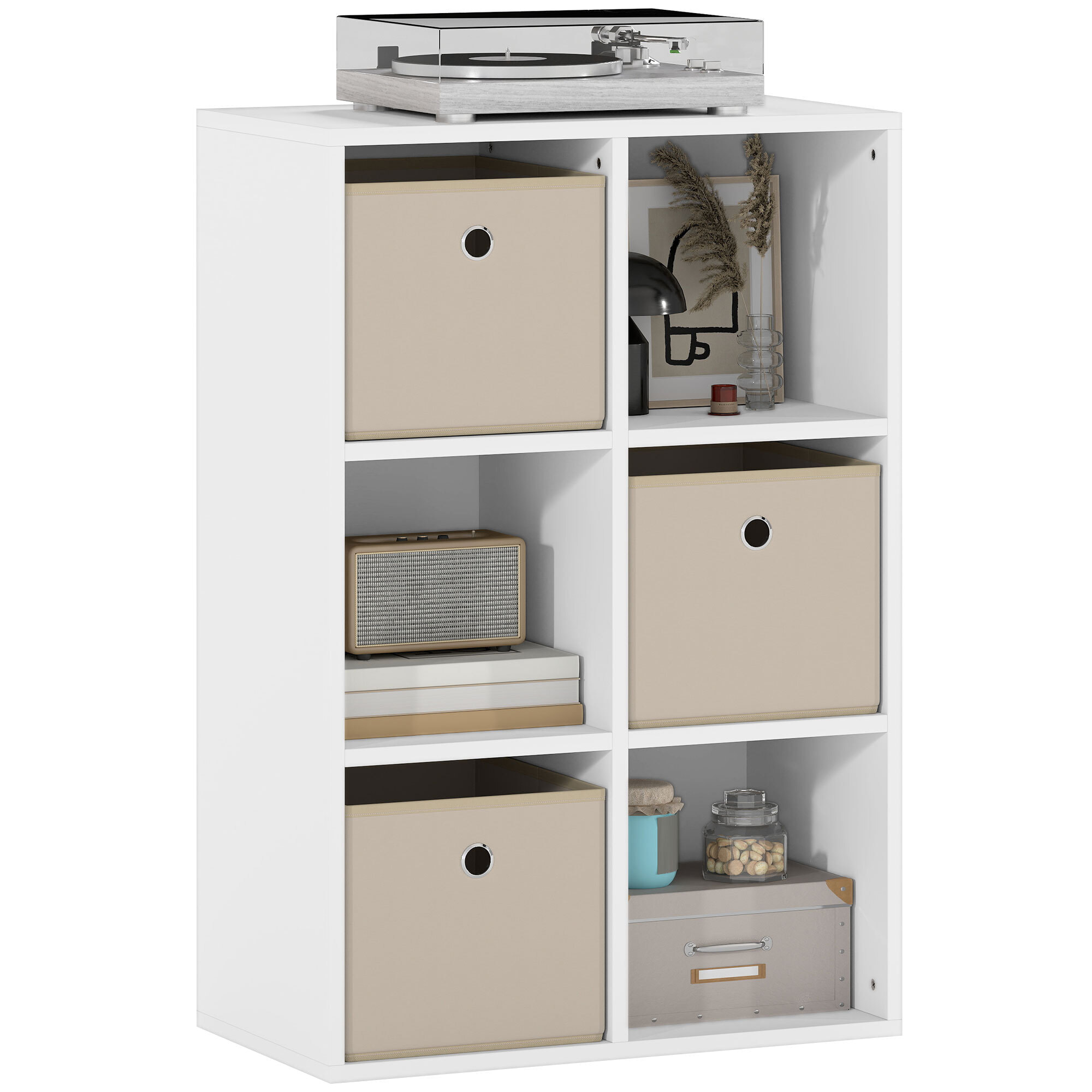 Estantería de 6 Cubos, Librería, Estantería para Libros con 3 Cajones de Tela, Horizontal o Vertical, para Salón, Dormitorio, Estudio, 53,7x30x79,8 cm, Blanco y Beige