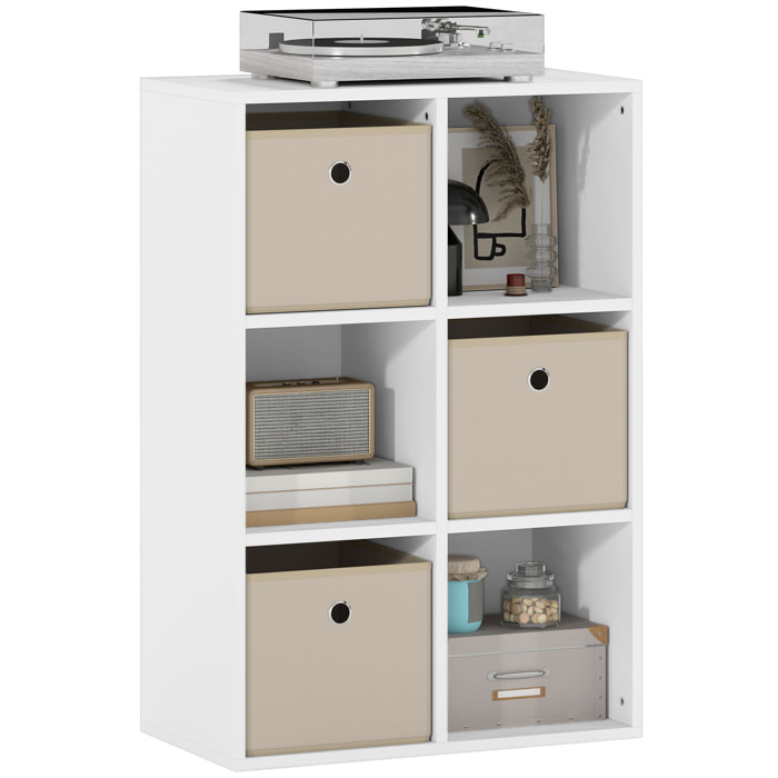 Estantería de 6 Cubos, Librería, Estantería para Libros con 3 Cajones de Tela, Horizontal o Vertical, para Salón, Dormitorio, Estudio, 53,7x30x79,8 cm, Blanco y Beige
