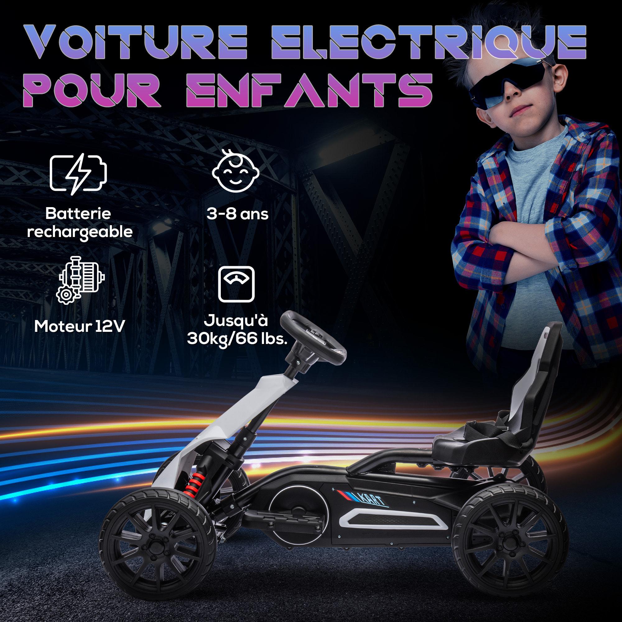 Kart électrique pour enfant 12V - Vitesse réglable 3-5km/h pour enfants de 3 à 8 ans - siège réglable ceinture de sécurité et 5 roues - blanc