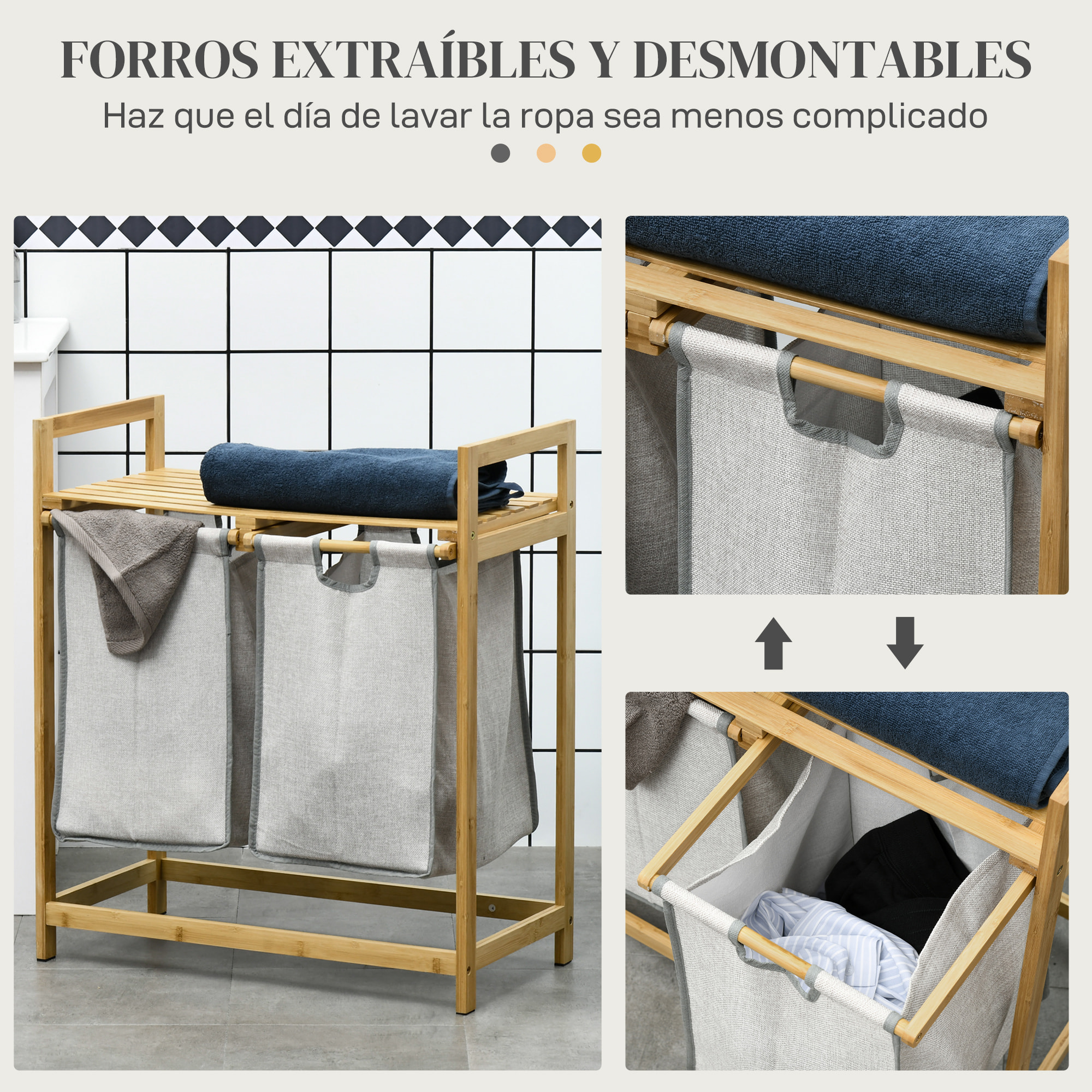 Cesto para Ropa Sucia de Bambú Cesto de la Ropa Sucia con 2 Bolsas Extraíbles y Estante Carga 20kg 2x40,6L para Baño Dormitorio 64x33x73 cm Natural