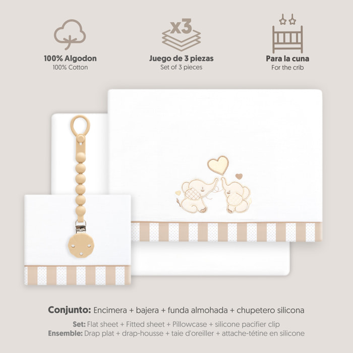 Triptico Cuna Parejita Elefante + Broche Bco/Beig