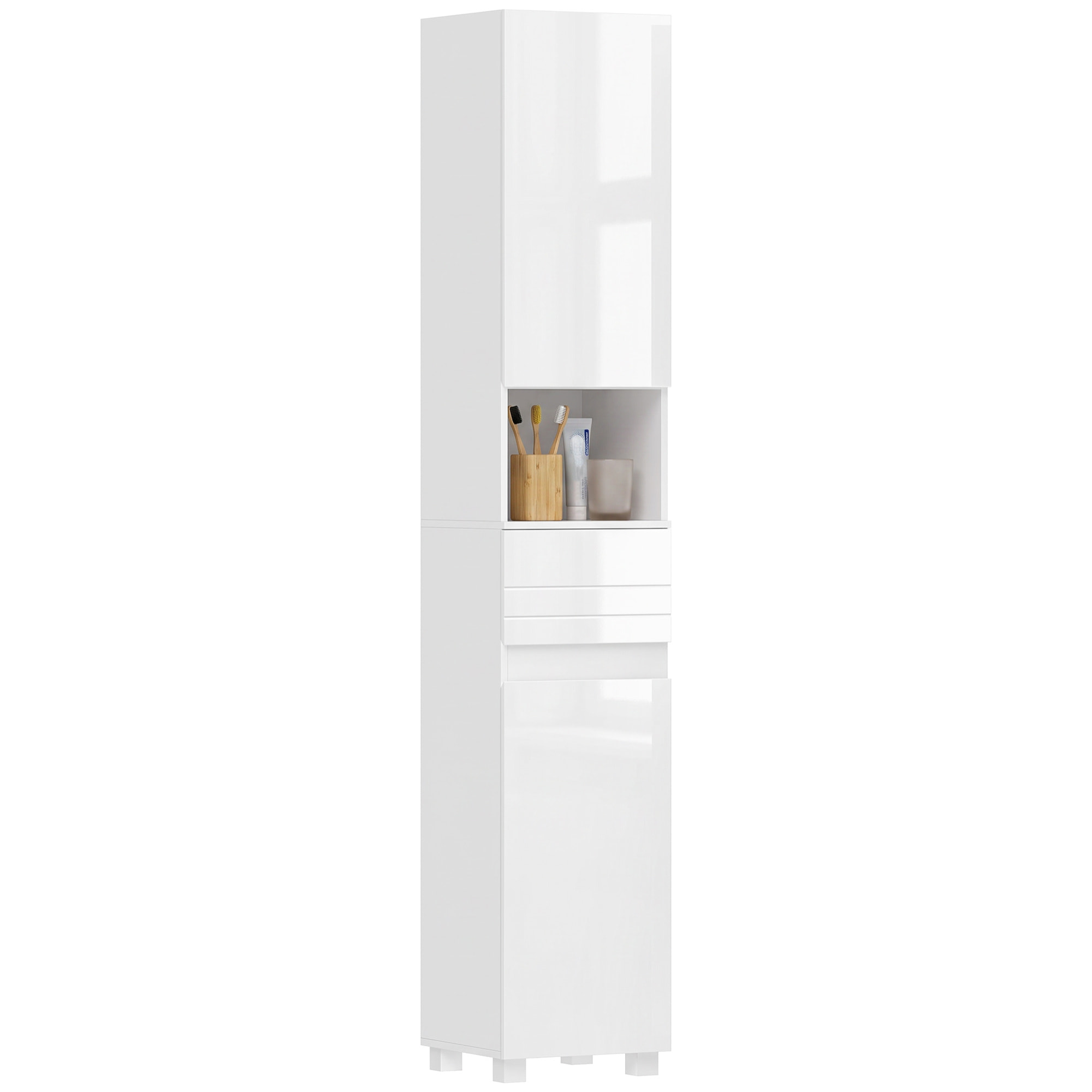 Colonne salle de bain design blanc laqué 2 portes 2 étagères tiroir niche