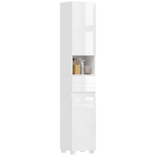 Colonne salle de bain design blanc laqué 2 portes 2 étagères tiroir niche