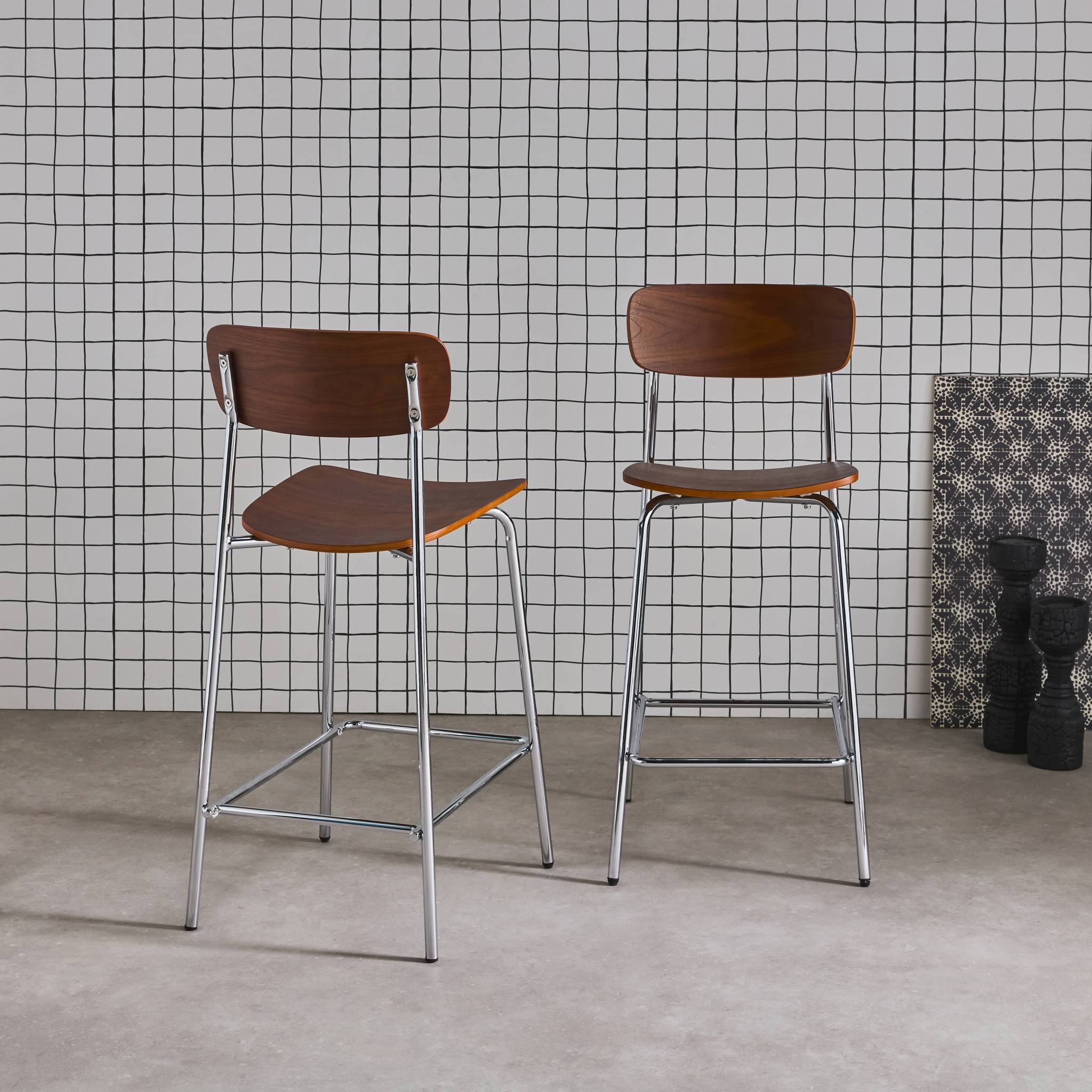 Tabouret de bar vintage métal et contreplaqué 66cm (lot de 2) TOBY