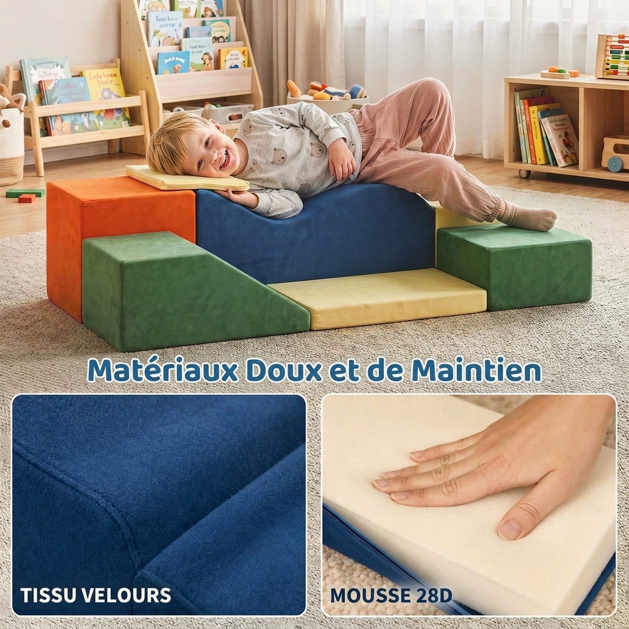 Parcours motricité 6 pièces variées tissu velours multicolore