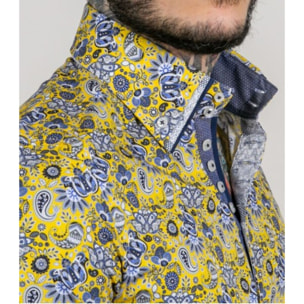 Camicia Uomo 2 Bottoni Button Down Triplo Collo Slim Popeline Stampa Giallo/Bianco