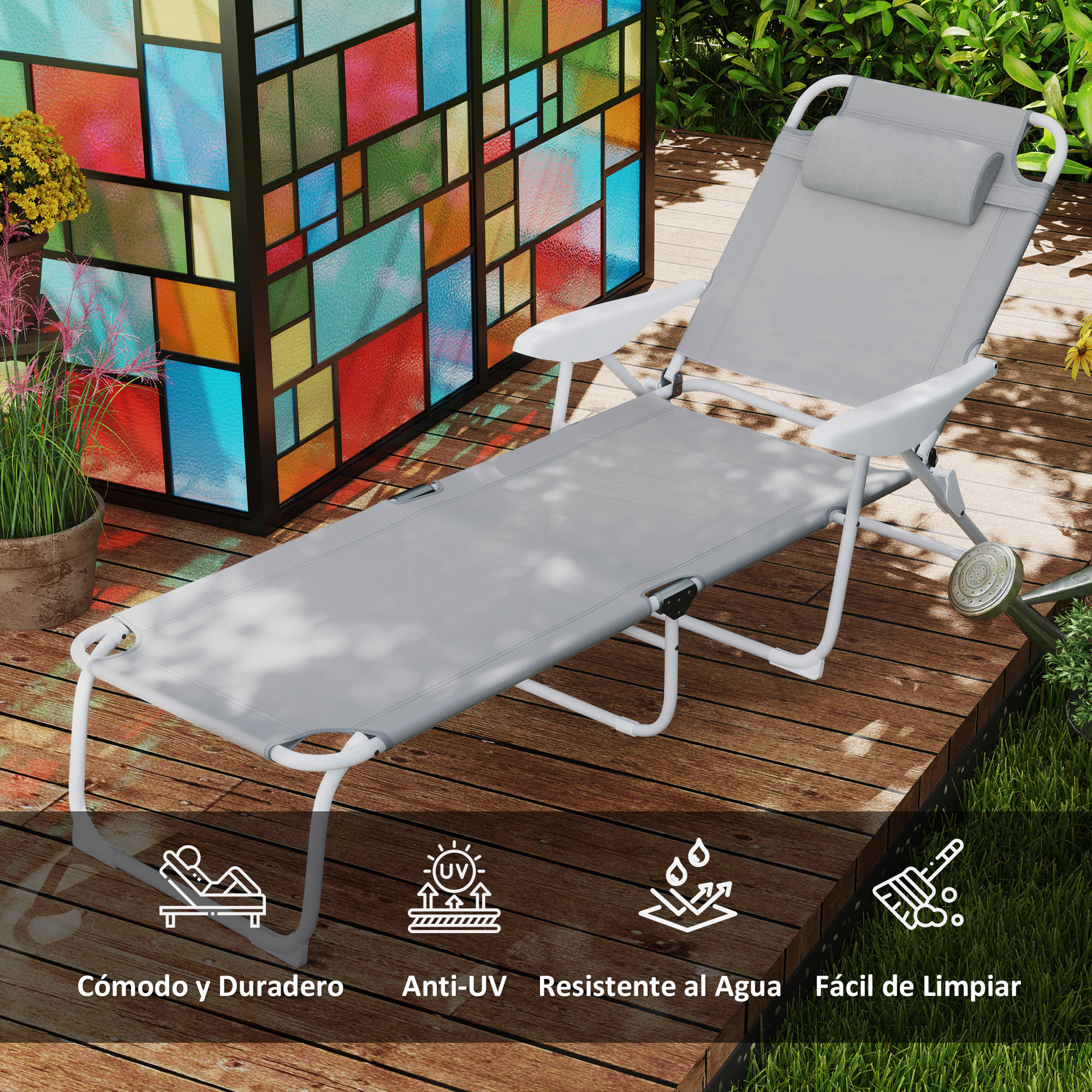 Tumbona Plegable Tumbona Jardín Exterior con Respaldo Ajustable Reposacabezas Extraíble y Estructura de Metal Carga 120 kg para Terraza Piscina Playa 160x66x98 cm Gris