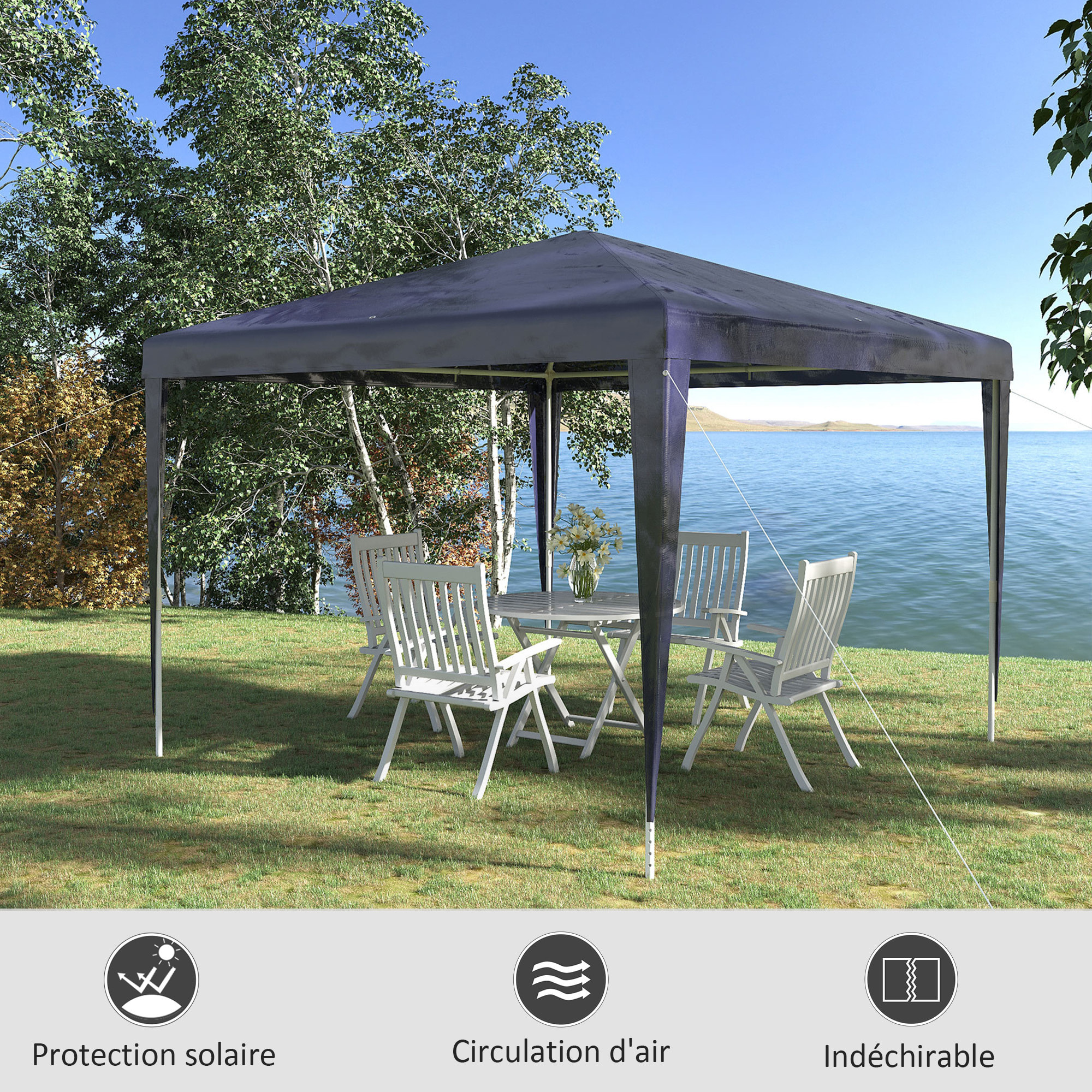 Tonnelle barnum de jardin dim. 2,93L x 2,93l x 2,52H m métal époxy bâche PE haute densité bleu