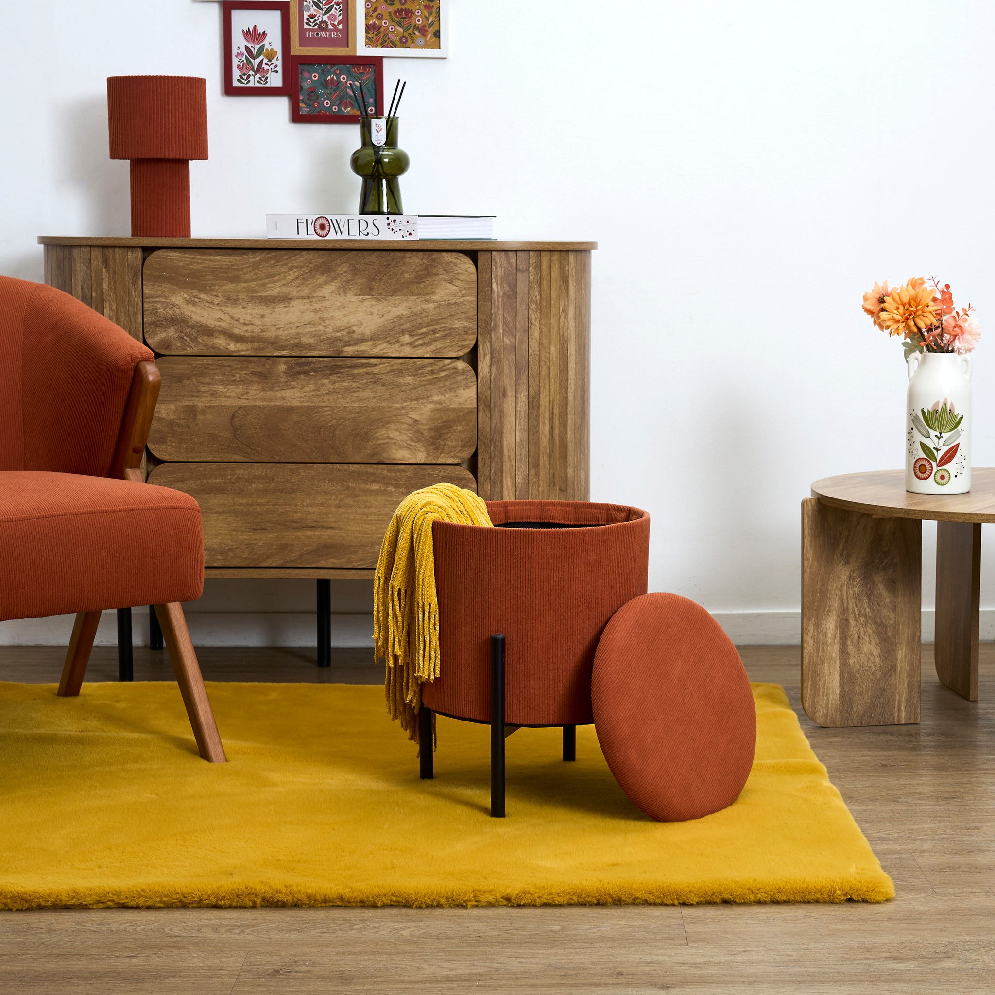 Lot de 4 Poufs - HOME DECO FACTORY - Jules - Rangement - Côtelé - Terracotta