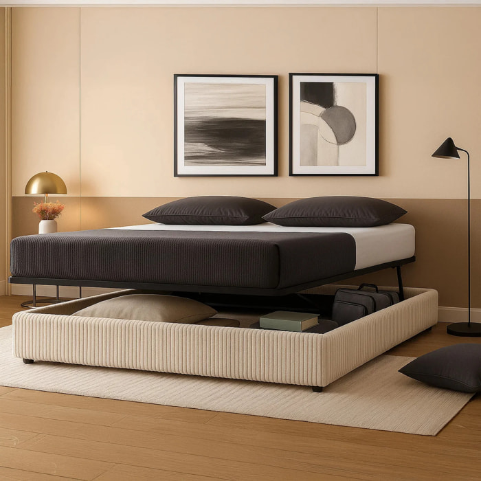 Lit coffre Parallèle | 3 Positions : Stocker, Faire Le lit, Repos | Espace de stockage jusqu'à 900 L | Velours côtelé | Beige