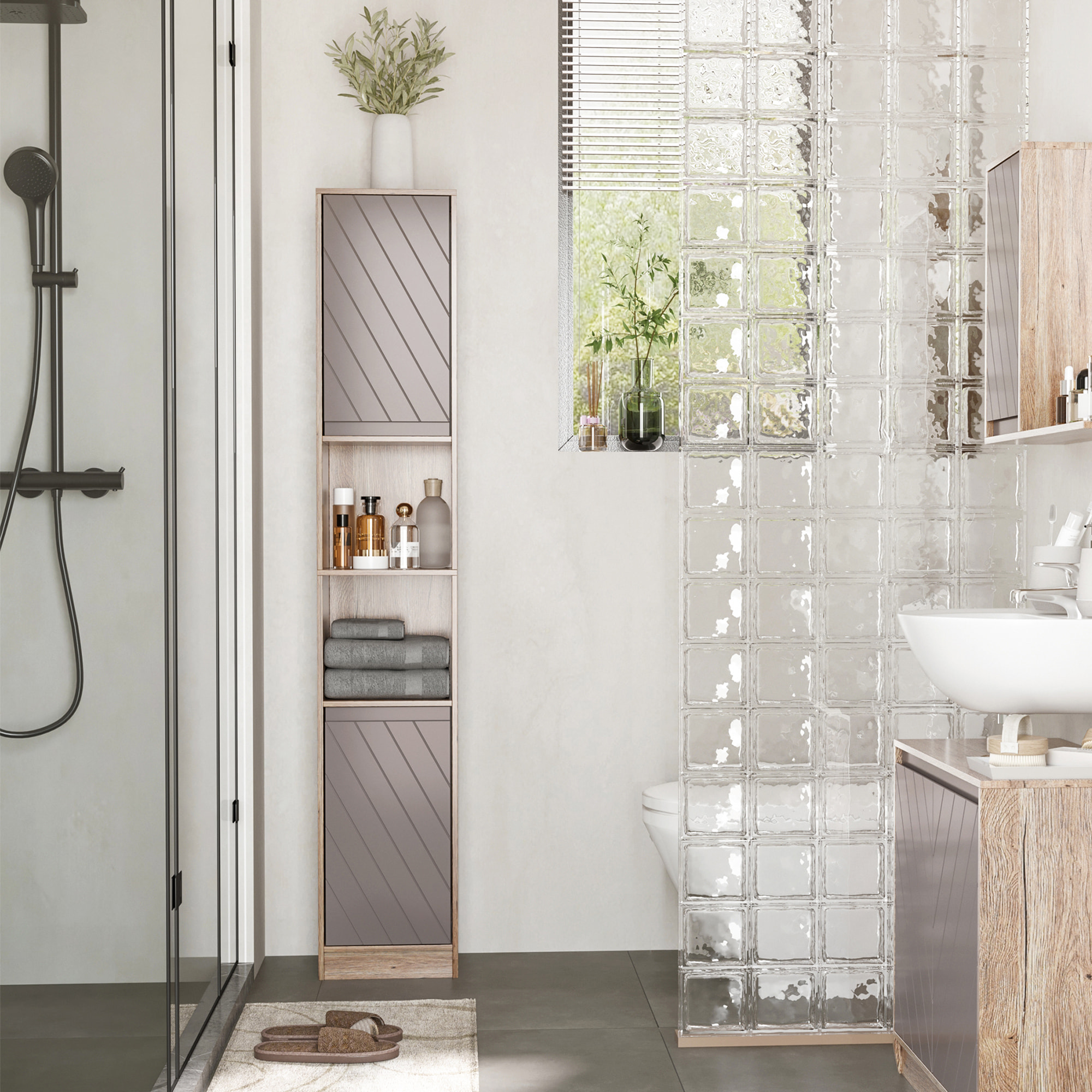 Armario Alto para Baño Columna de Baño con 2 Puertas y 2 Estantes Abiertos Mueble Auxiliar de Almacenaje para Salón Recibidor 30x24x170 cm Roble y Gris