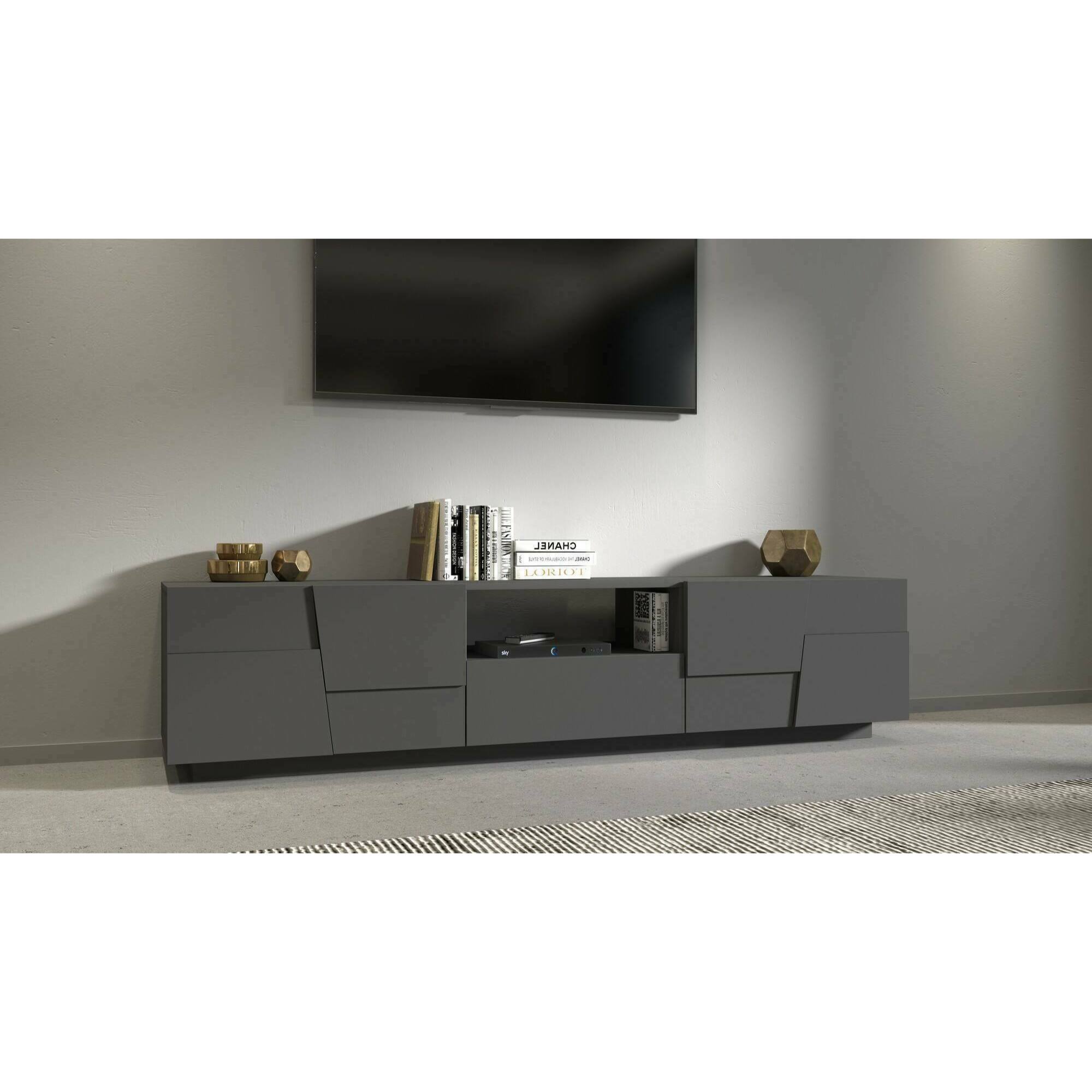 Mobile porta TV Dcortinovi, Credenza bassa da soggiorno con 4 ante e 1 cassetto, Base porta TV, 220x44h46 cm, Antracite