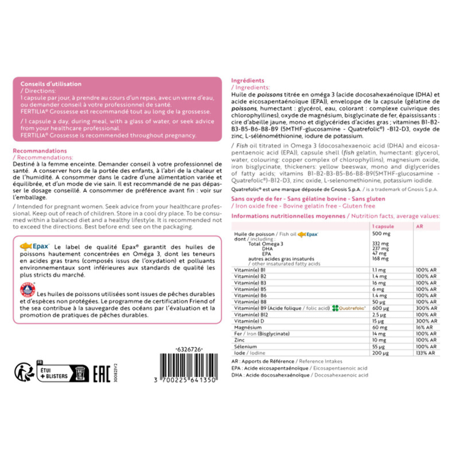 ISN - Fertilia Grossesse - Complément alimentaire à base de nutriments essentiels pour le bien-être de la femme enceinte & le développement de bébé - Riche en Omega 3 - Cure 3 mois