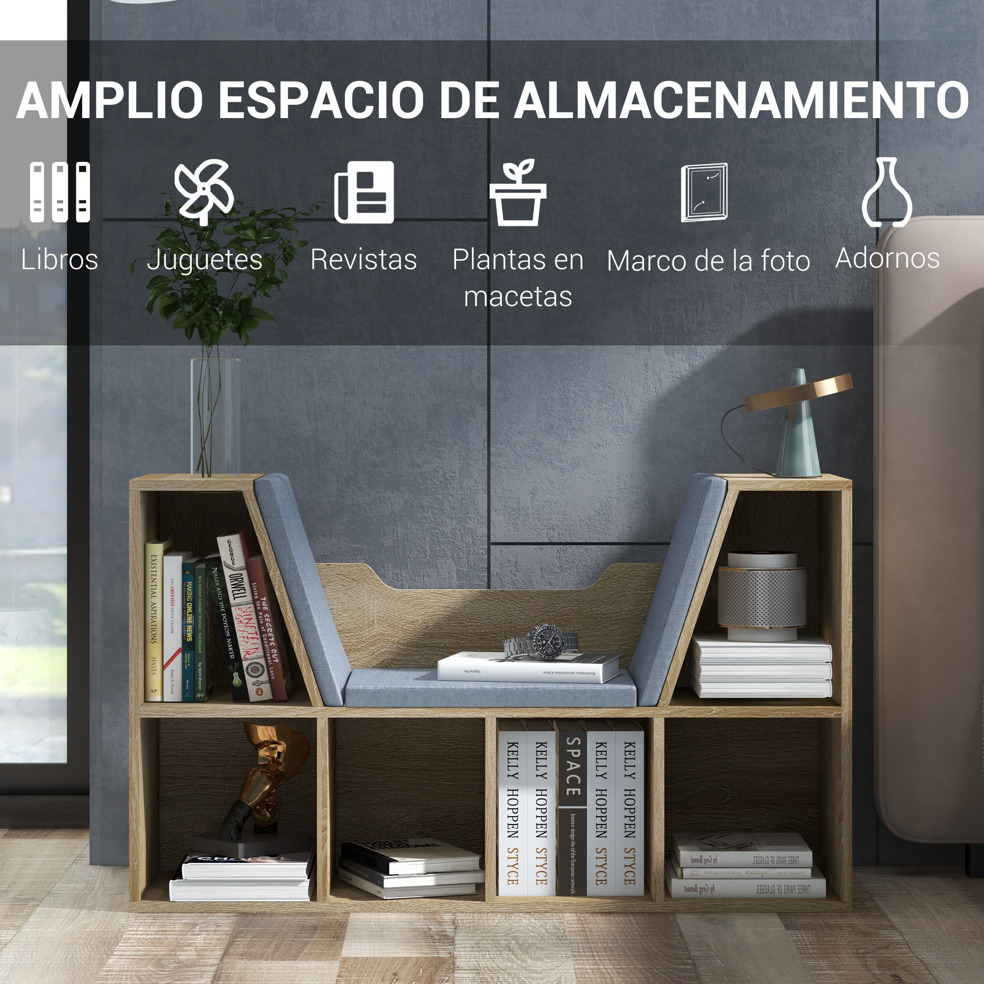 Librería con Asiento Estantería de Libros con 6 Cubos Zapatero con Banco con Cojín Multiusos para Sala de Estar Oficina Dormitorio 102x30x61cm Roble y Gris