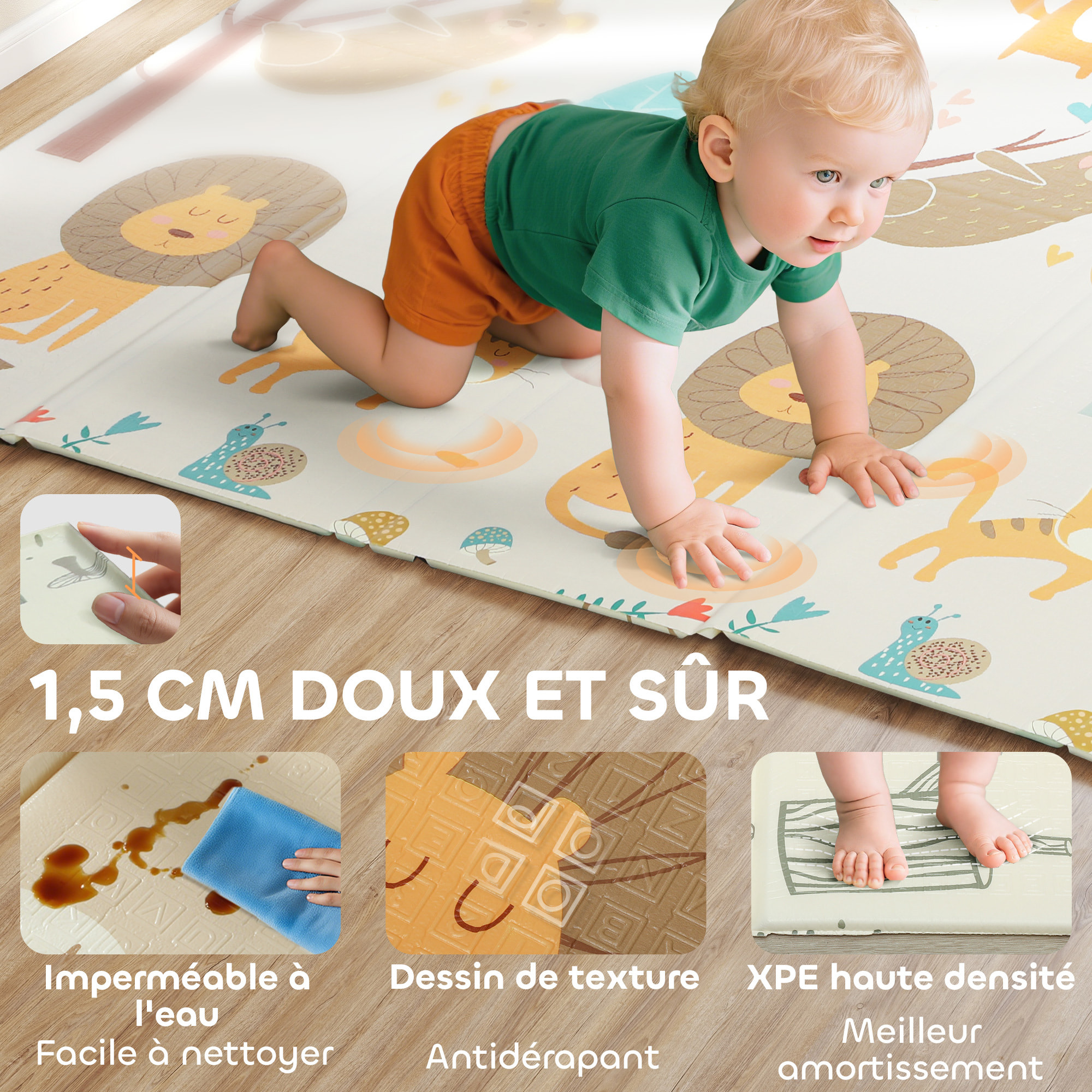 Tapis d'éveil bébé pliable épais réversible dim. 196 x 176 x 1,5 cm motifs animaux et forêts