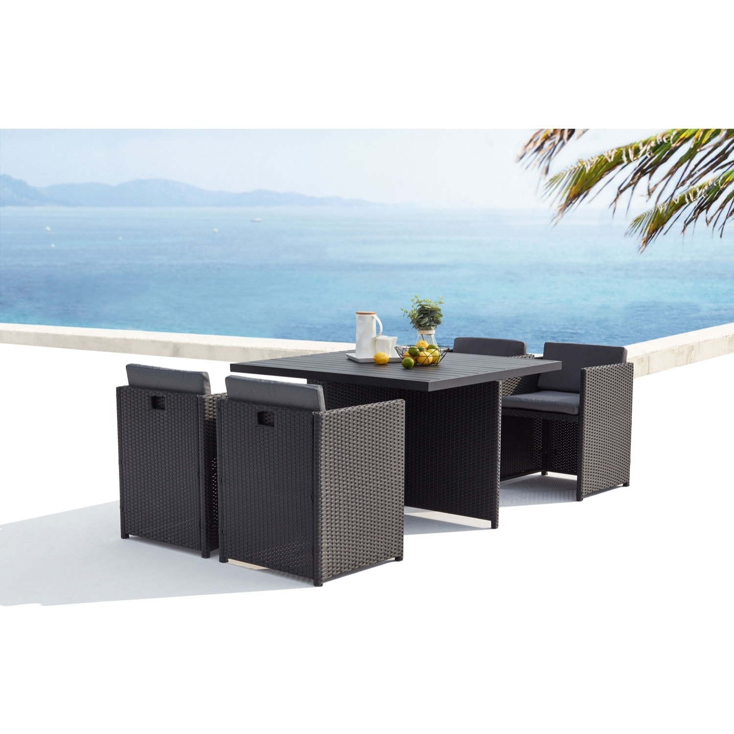 Table et chaises 4 places encastrables alu et résin noir-gris ABASA