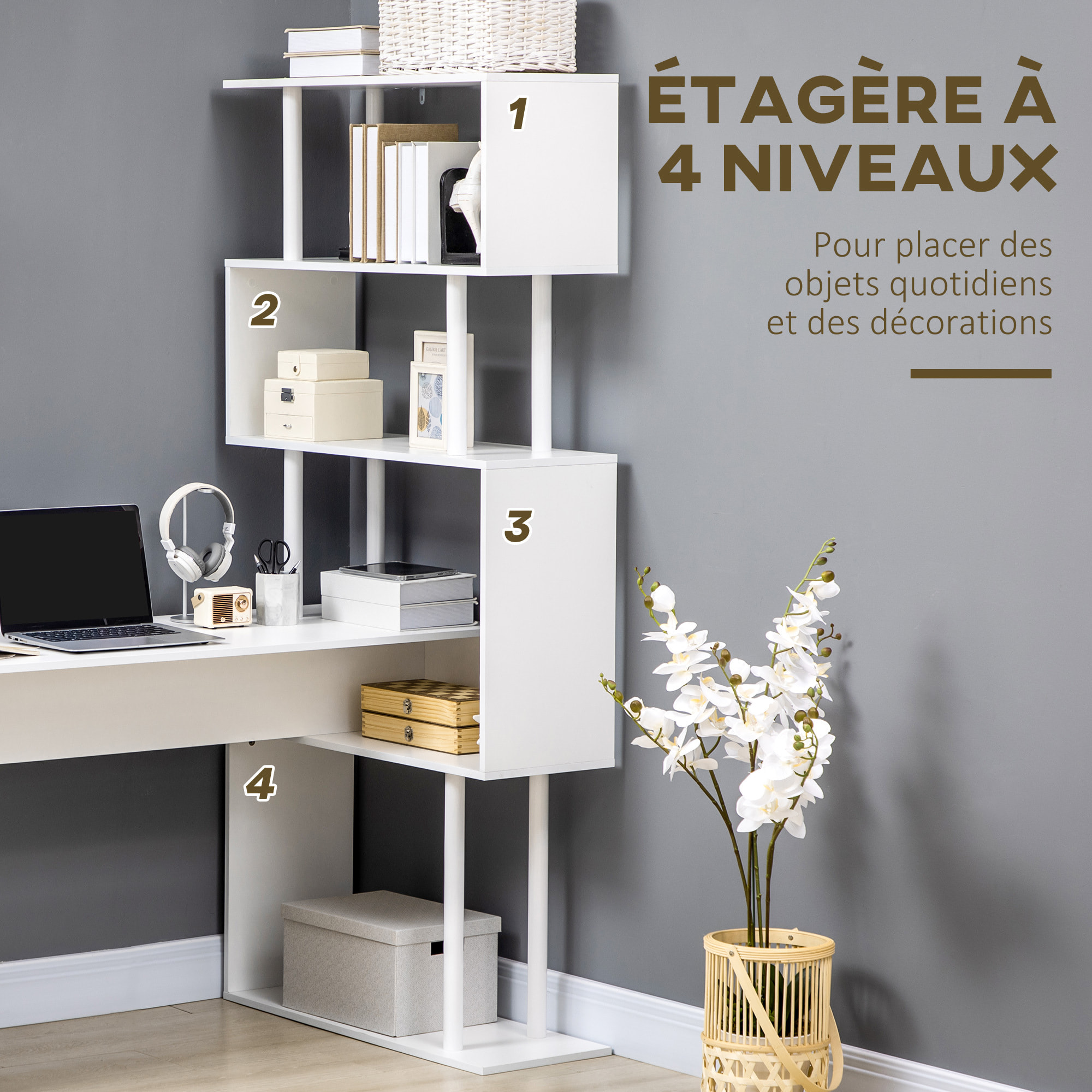 Bureau informatique design contemporain avec bibliothèque zig zag 4 étagères panneaux particules blanc