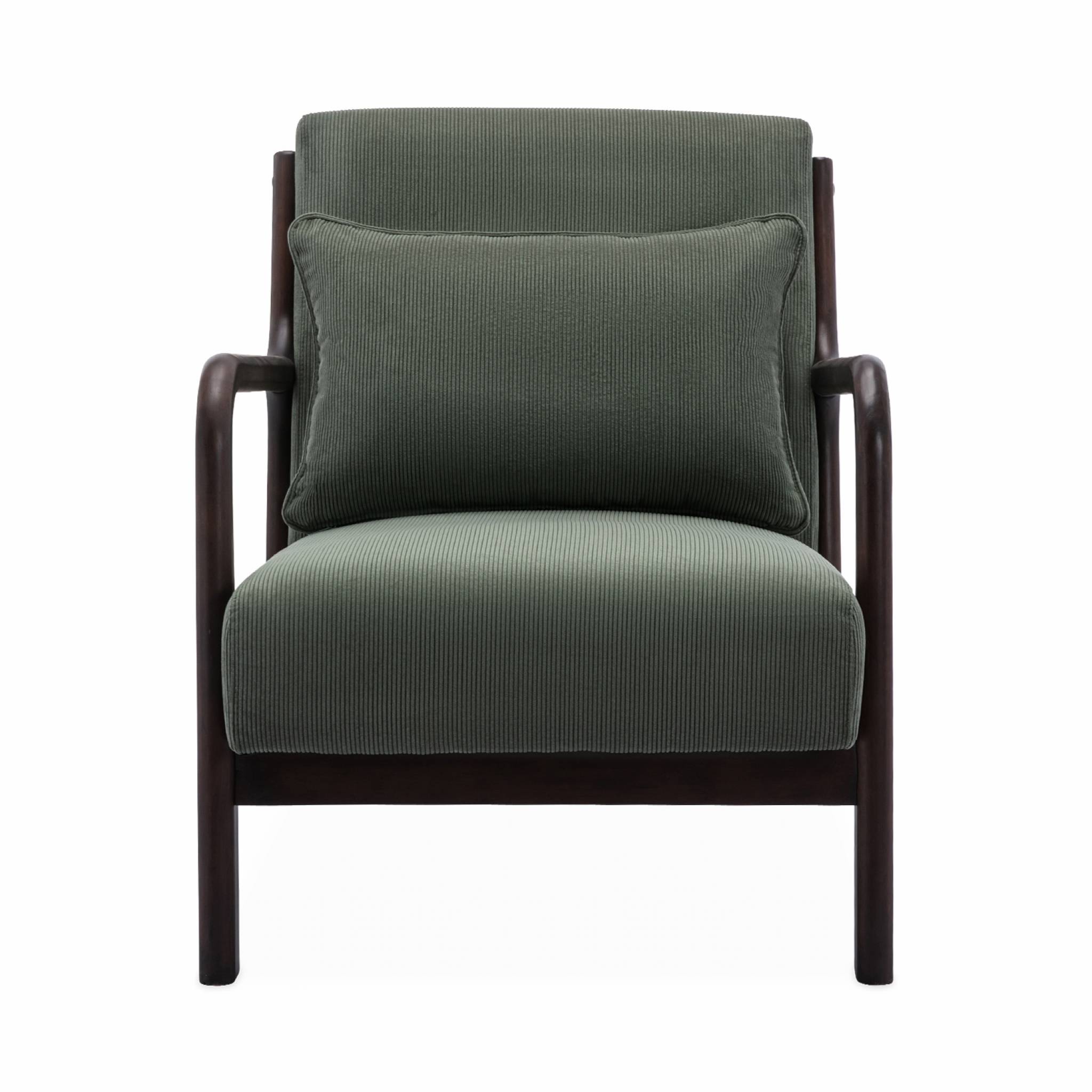 Fauteuil velours côtelé vert . pieds bois d'hévéa teinté wengé. 1 place droit fixe. pieds compas scandinave. structure en bois solide