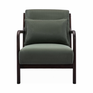 Fauteuil velours côtelé vert . pieds bois d'hévéa teinté wengé. 1 place droit fixe. pieds compas scandinave. structure en bois solide