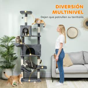 Árbol Rascador para Gatos, Árbol para Gatos 202 cm, Torre Escalador con Plataformas, Cama, Cuevas, Postes de Sisal, Bolas y Cuerda para Jugar, Gris Oscuro