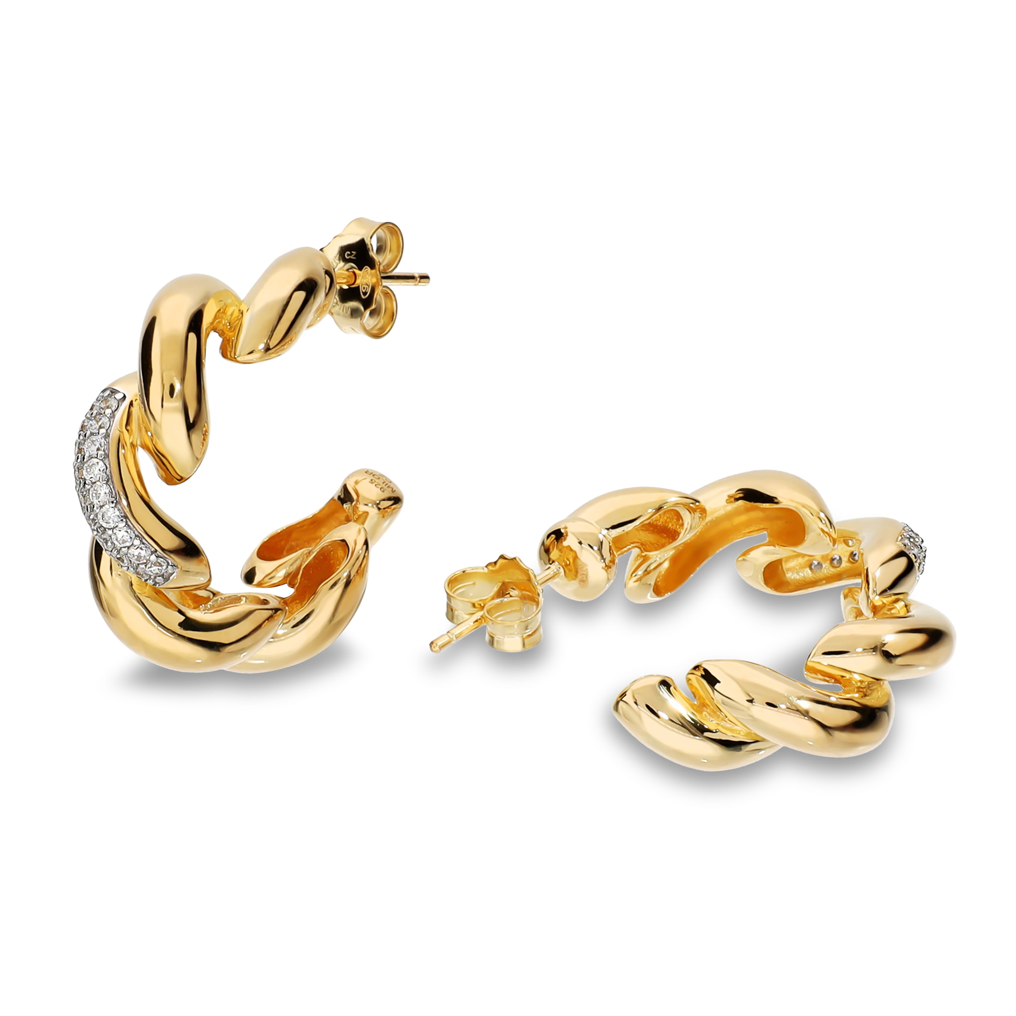 Orecchini Maglia San Marco in Argento 925 placcato Oro Giallo 18Kt con Pavé di Cubic Zirconia