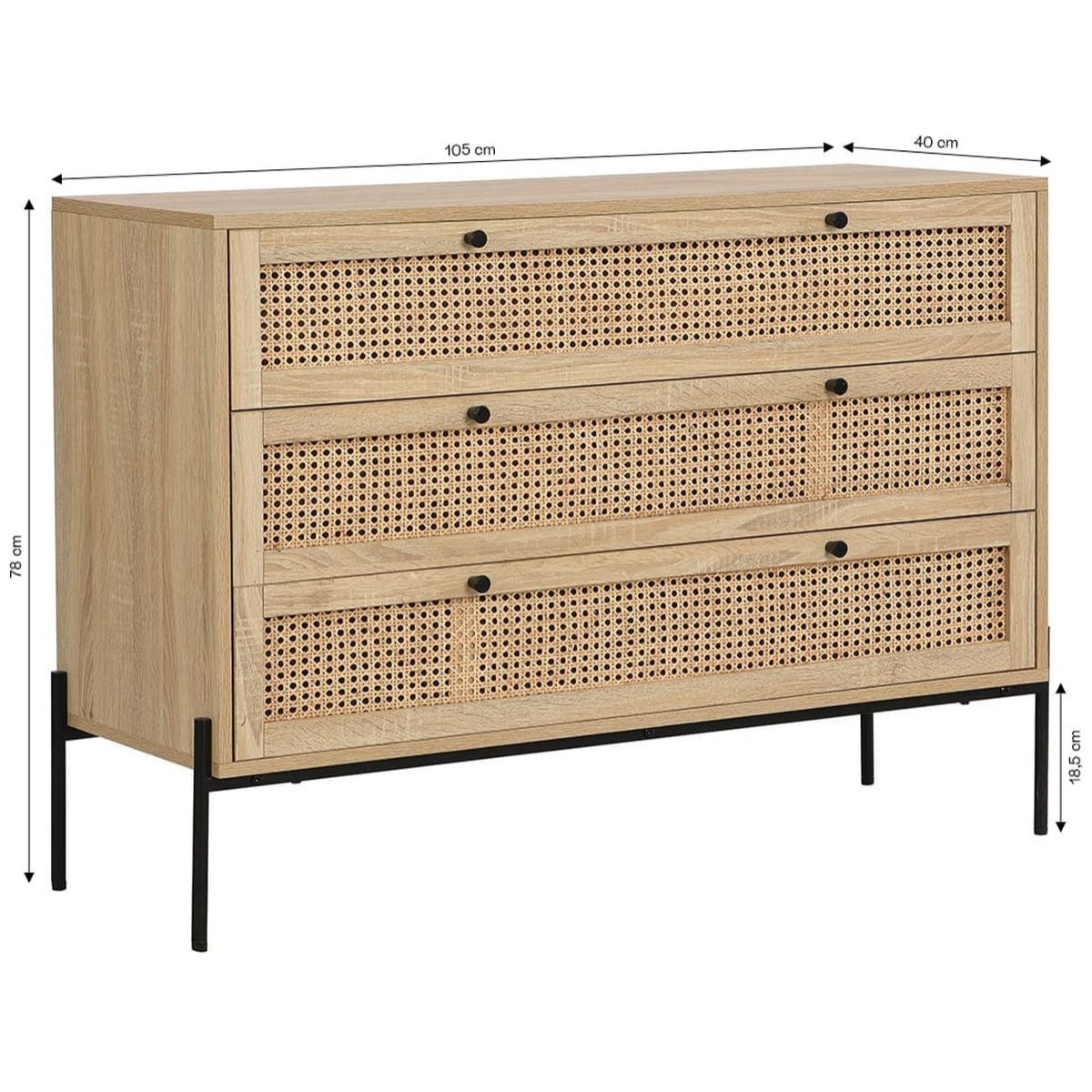 Commode 3 tiroirs en cannage et effet chêne - IRIS